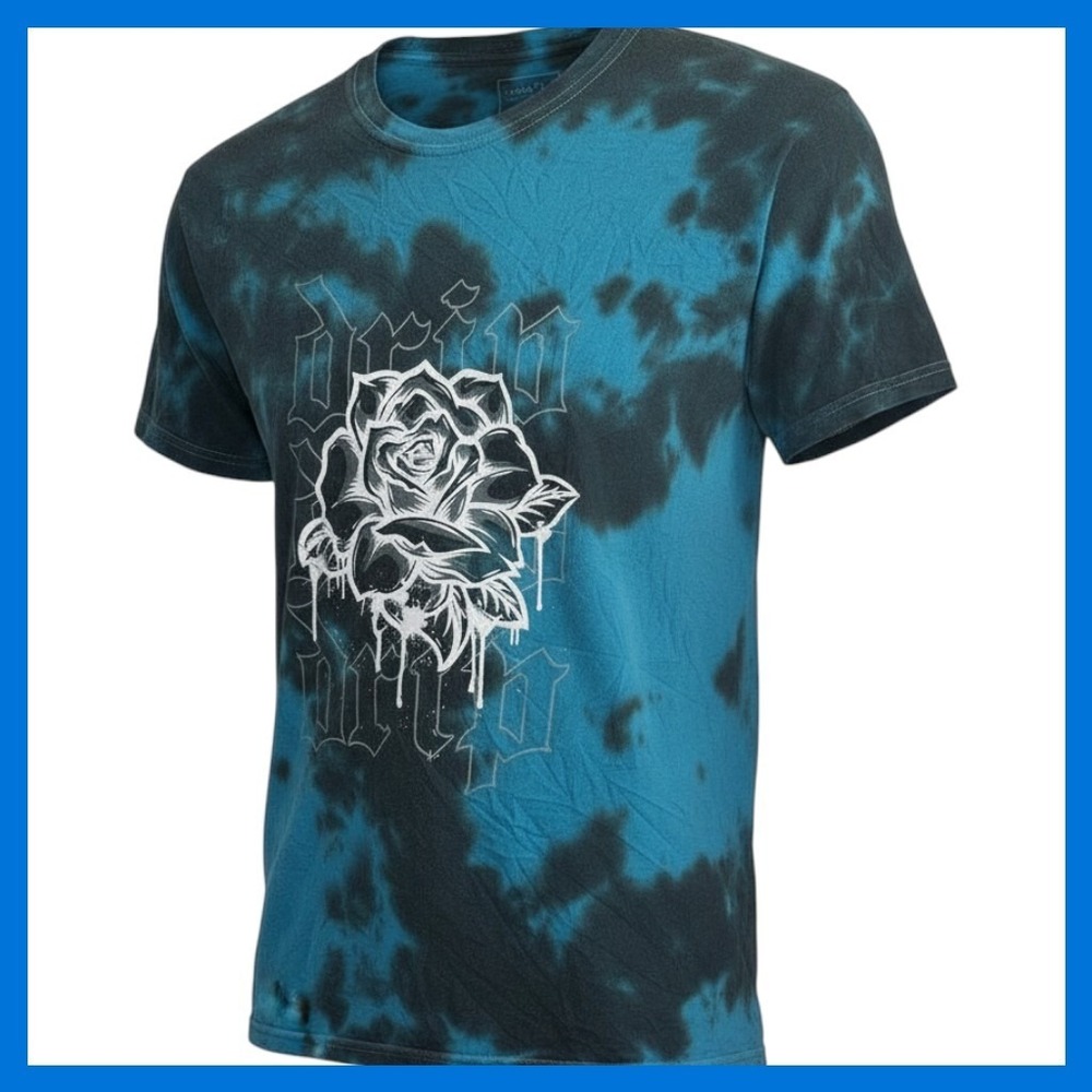 rue21 Mens Blue Black Tie Dye Rose Drip Graphic T-Shirt Streetwear Cotton Tee